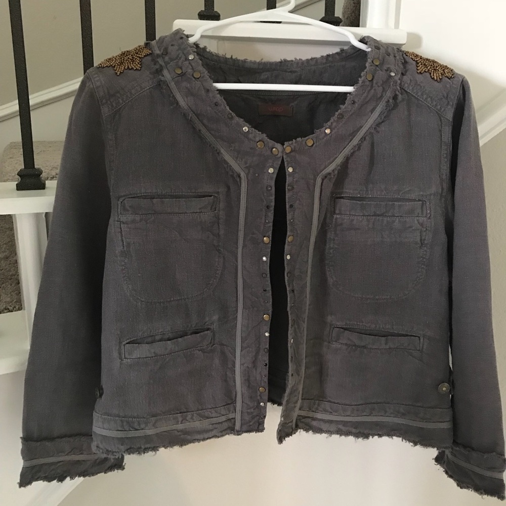 Wrap cropped linen jacket with bead embellishment